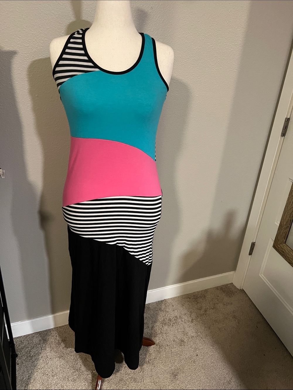 !it jeans Black & White Striped Maxi dress with Pink Waist Panel